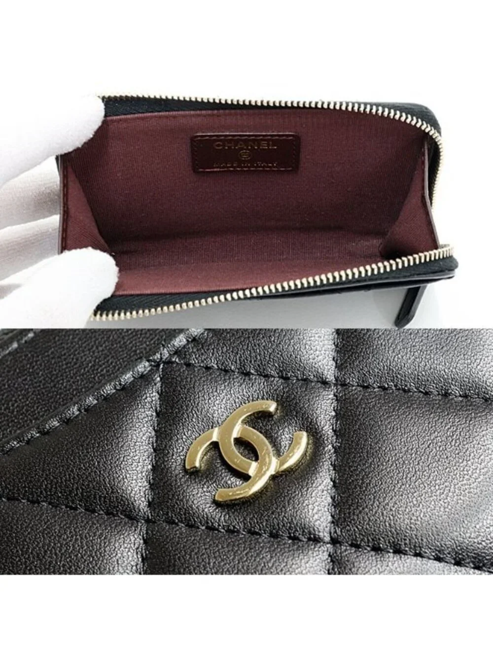 Chanel Zip Card Case Fragment Coin Purse Quilted Lambskin Black